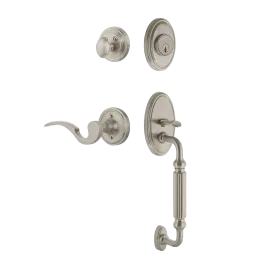 Classic Handleset with F-Grip and Classic Rosette with Manor Lever in Satin Nickel