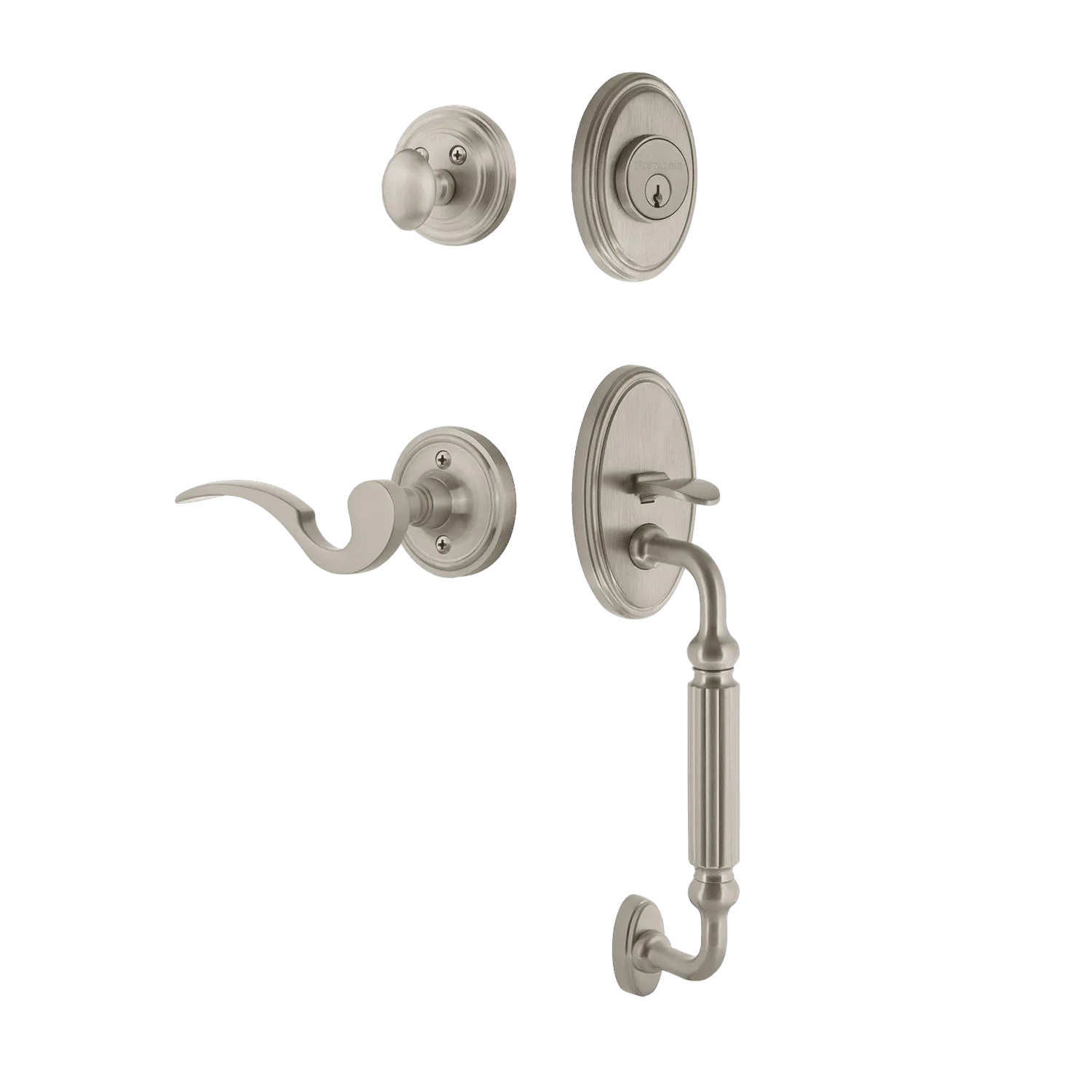 Classic Handleset with F-Grip and Classic Rosette with Manor Lever in Satin Nickel