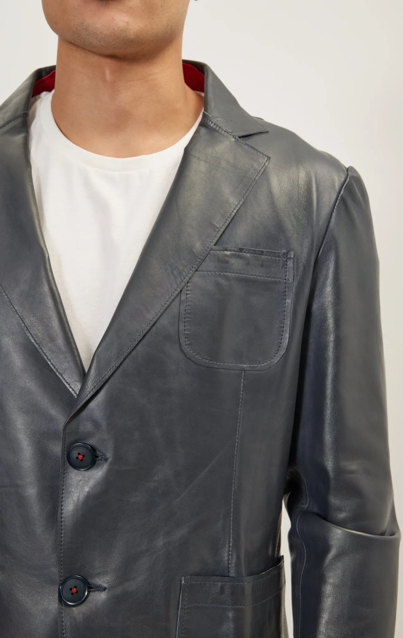 Classic Two-Button Leather Blazer - Navy