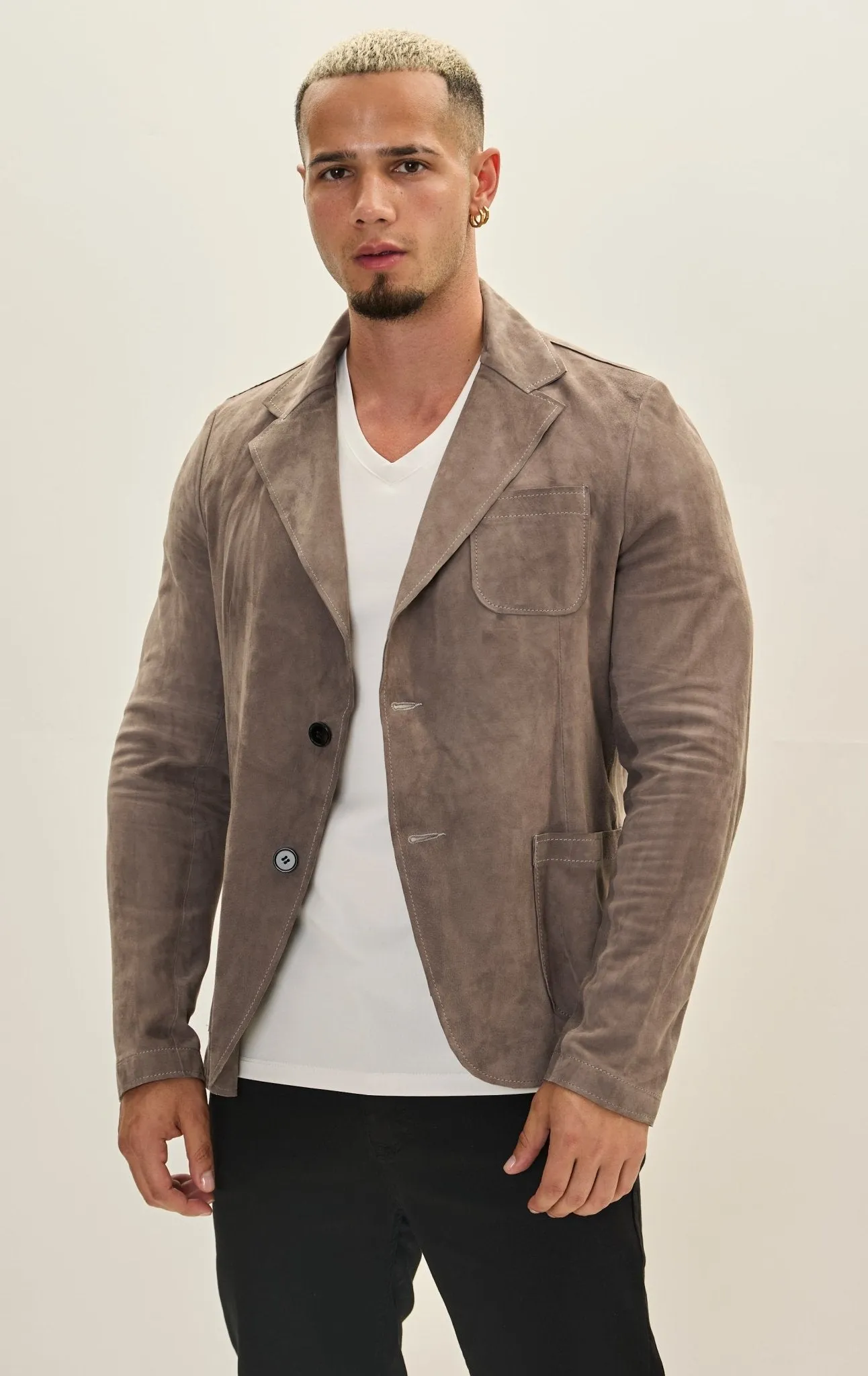 Classic Two-Button Suede Leather Blazer - Grey