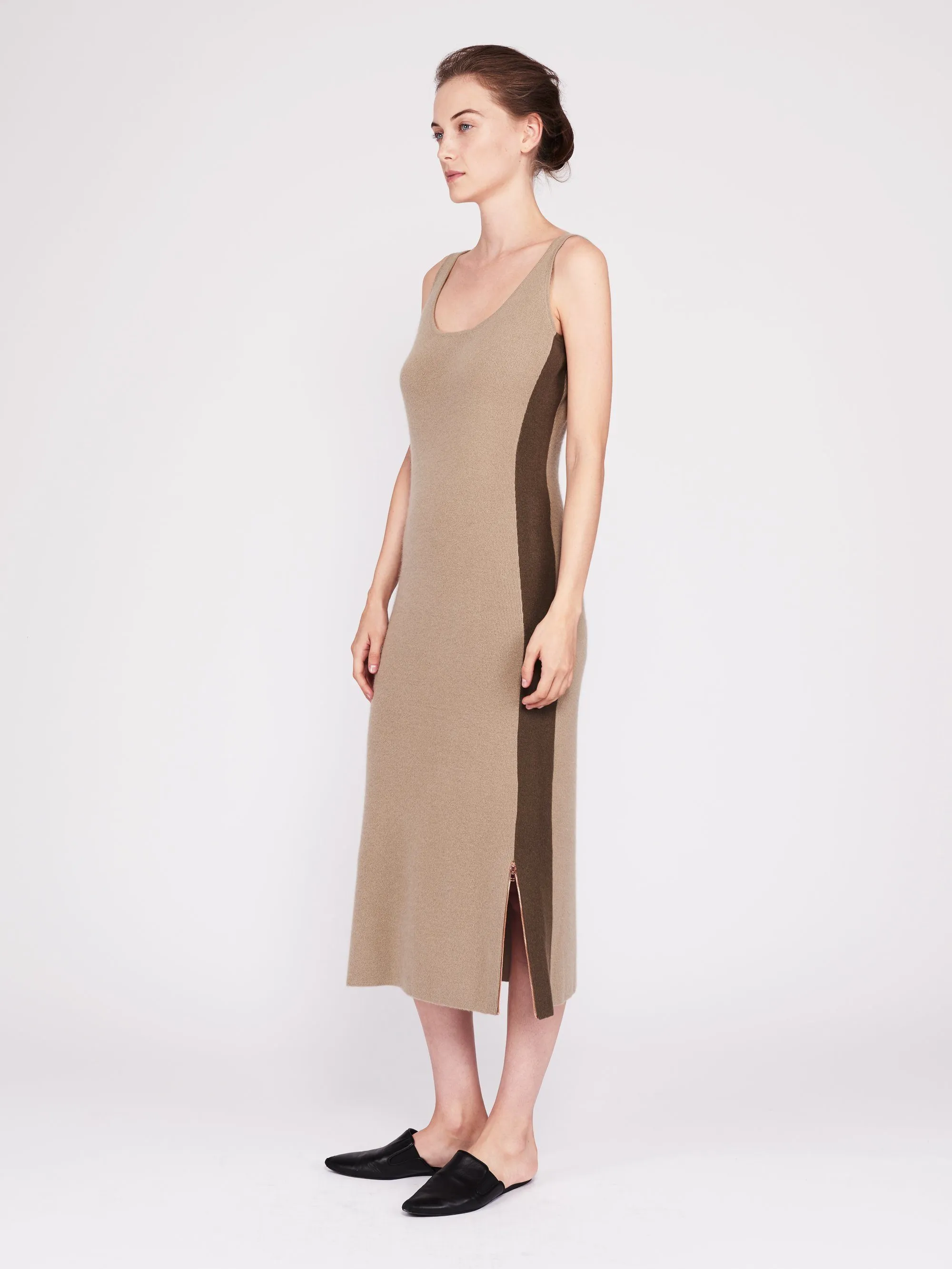 CMMC Striped Scoop Neck Cashmere Maxi Dress - Moss x Military