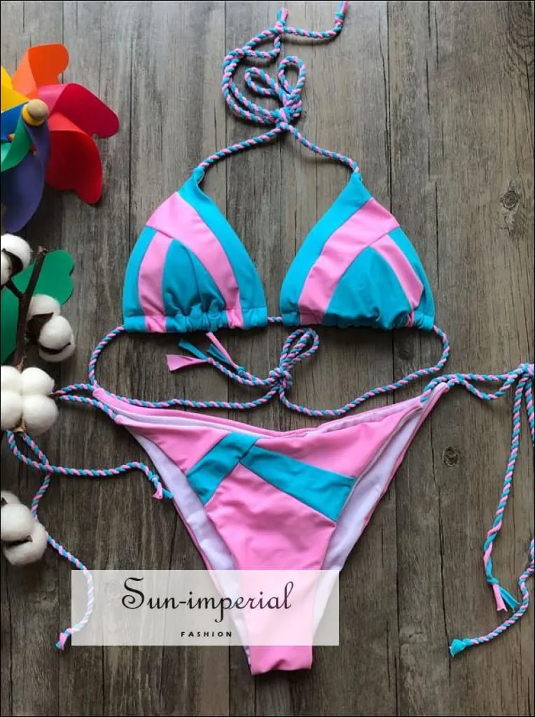 Color Block Hot Pink Blue Brown Bikini Set Women’s Swimming Suit Halter Drawstring Bathing Suit