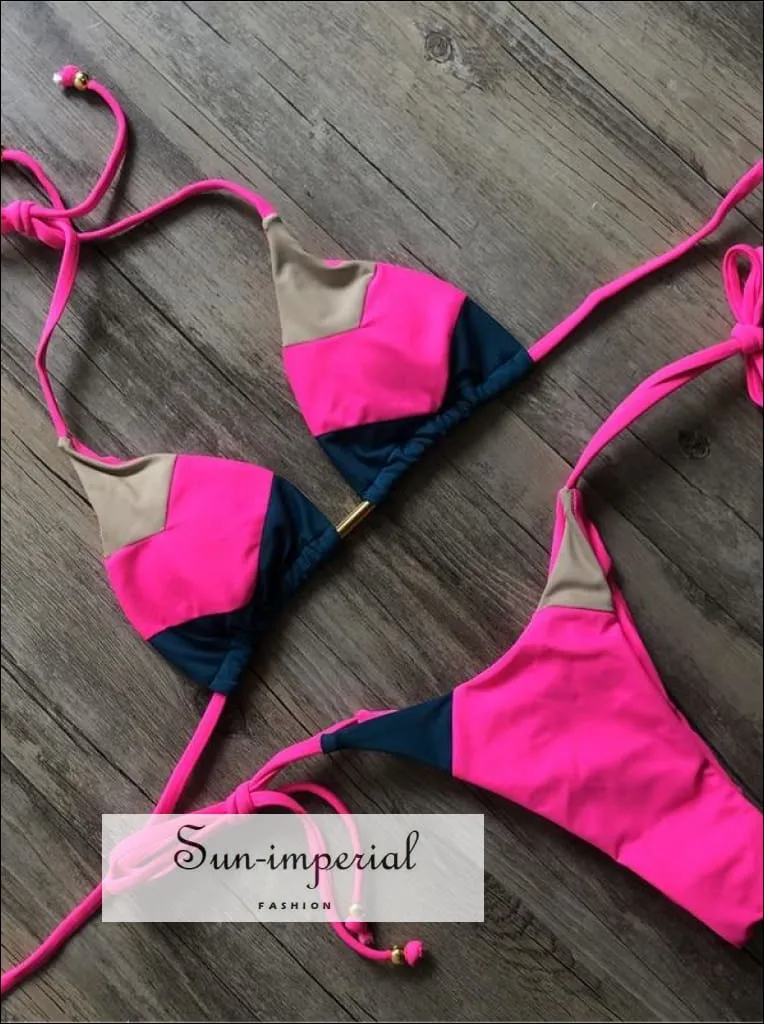 Color Block Hot Pink Blue Brown Bikini Set Women’s Swimming Suit Halter Drawstring Bathing Suit