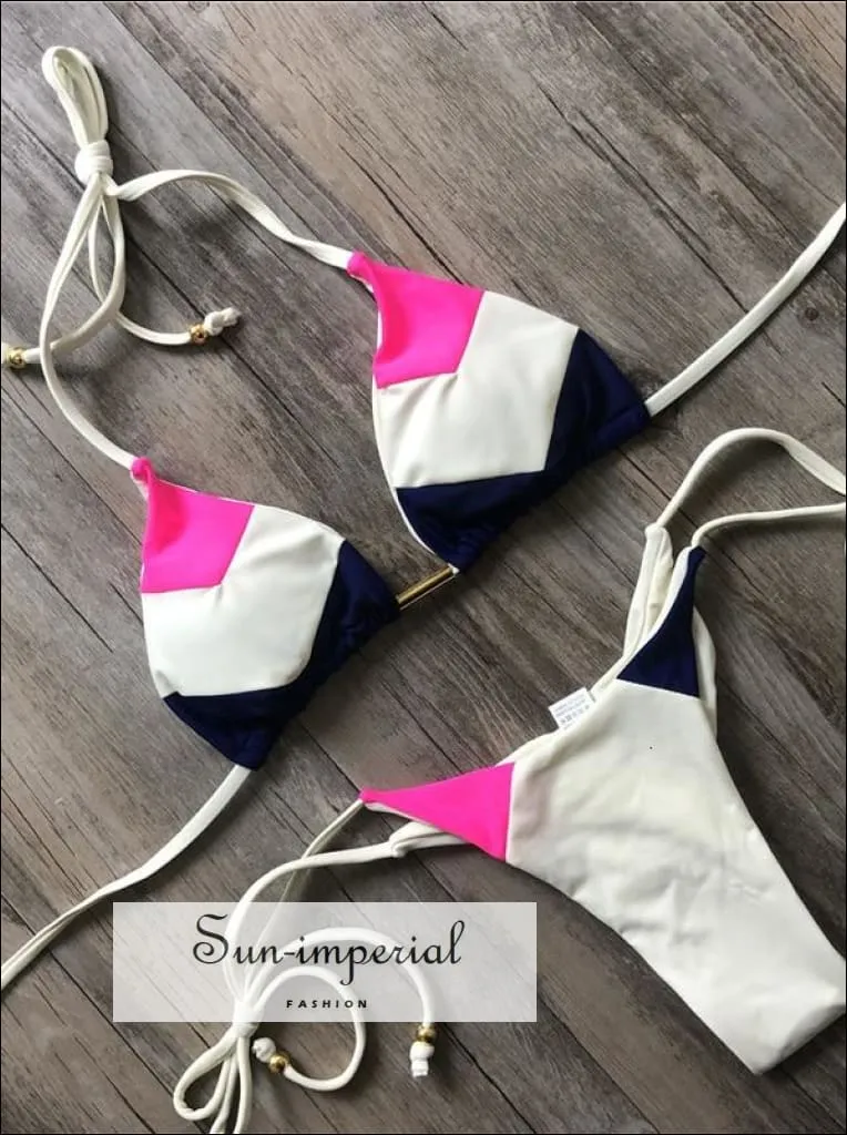 Color Block Hot Pink Blue Brown Bikini Set Women’s Swimming Suit Halter Drawstring Bathing Suit