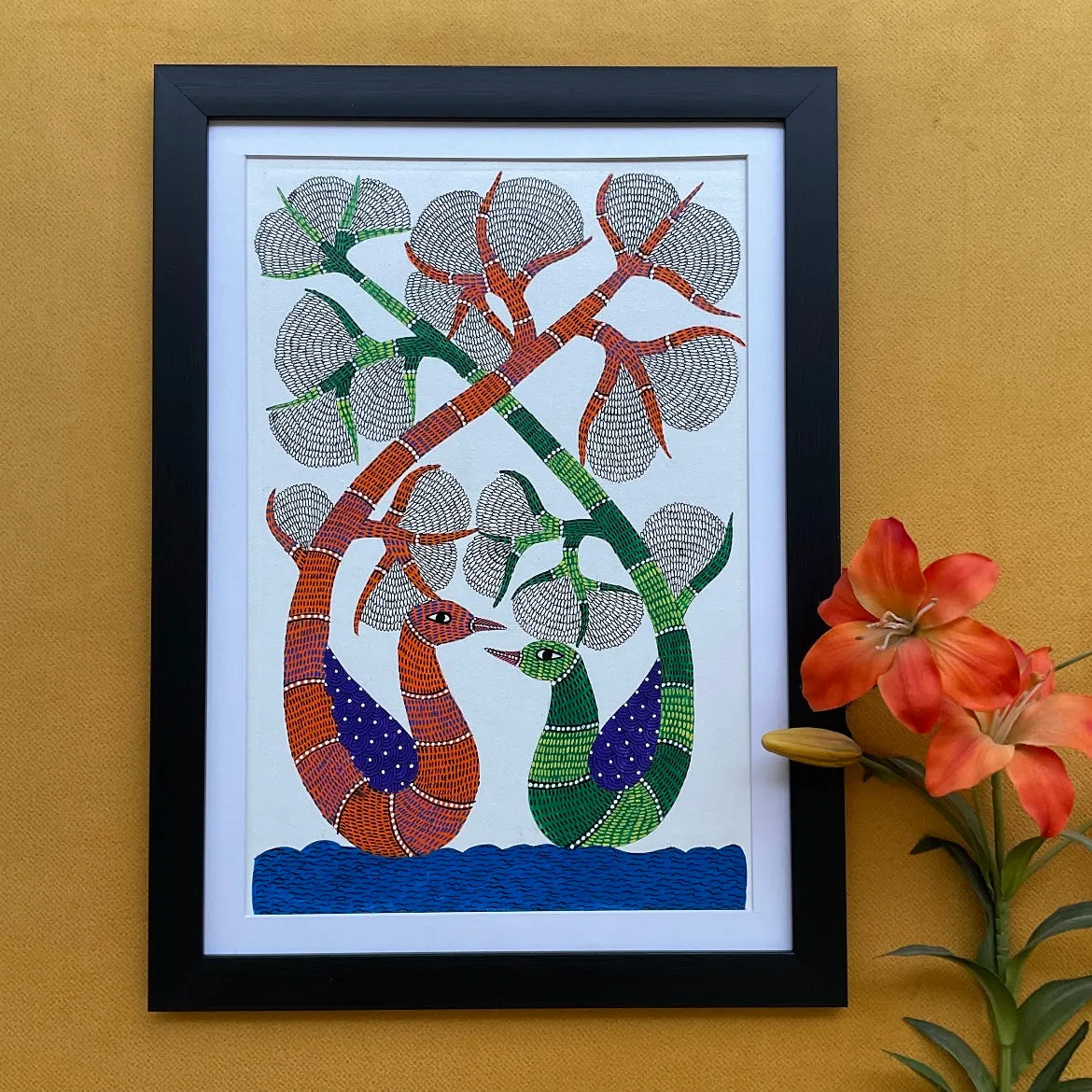 Colourful Twin Duck Gond Art - Handpainted Wall Decor