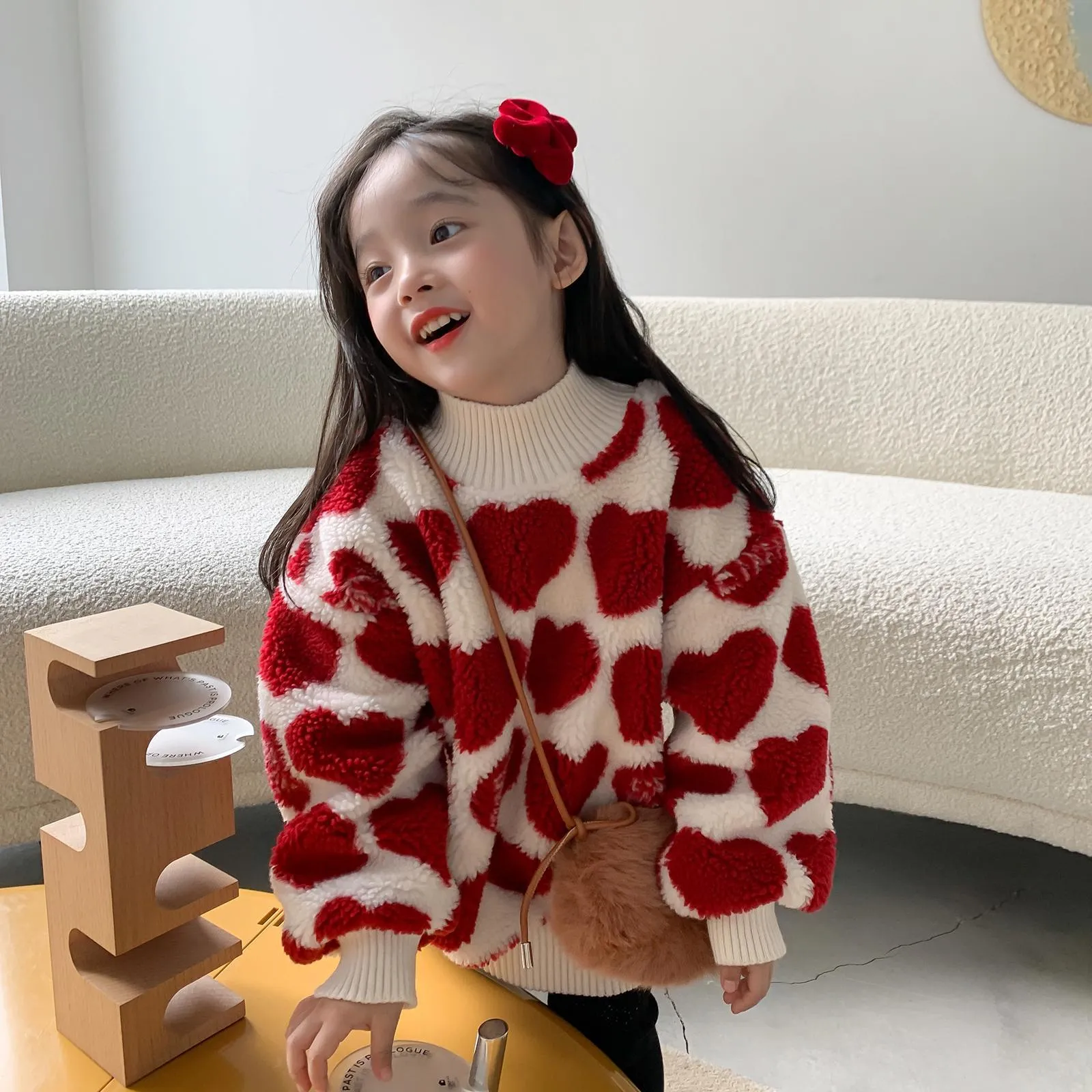 Cozy Red Love Heart Kids Fleece Sweatshirt