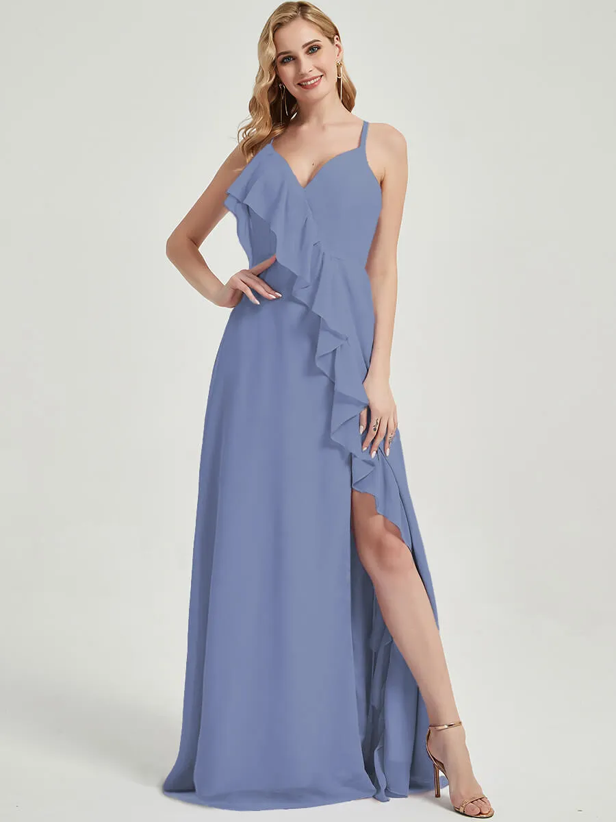 Criss-Cross Straps Ruffles Slit Chiffon Maxi Bridesmaid Dress Slate Blue