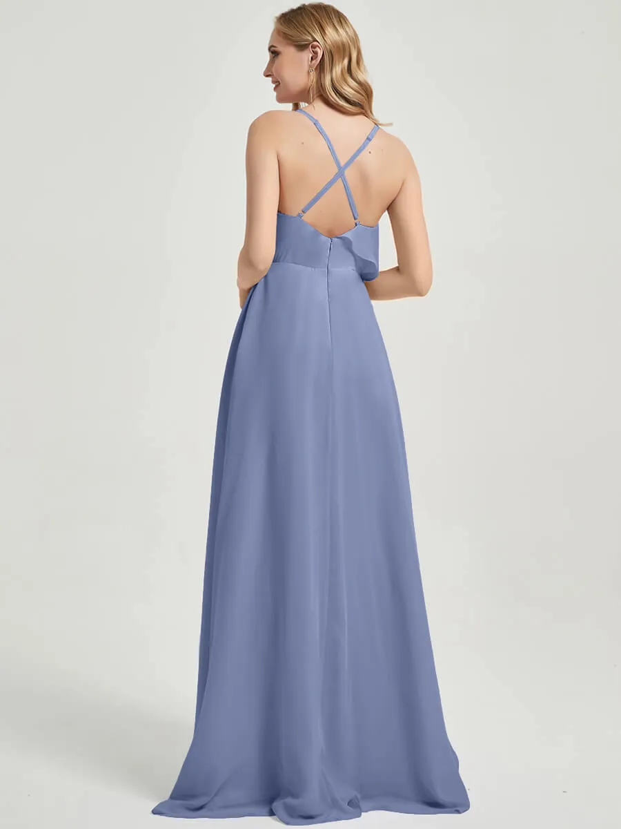 Criss-Cross Straps Ruffles Slit Chiffon Maxi Bridesmaid Dress Slate Blue