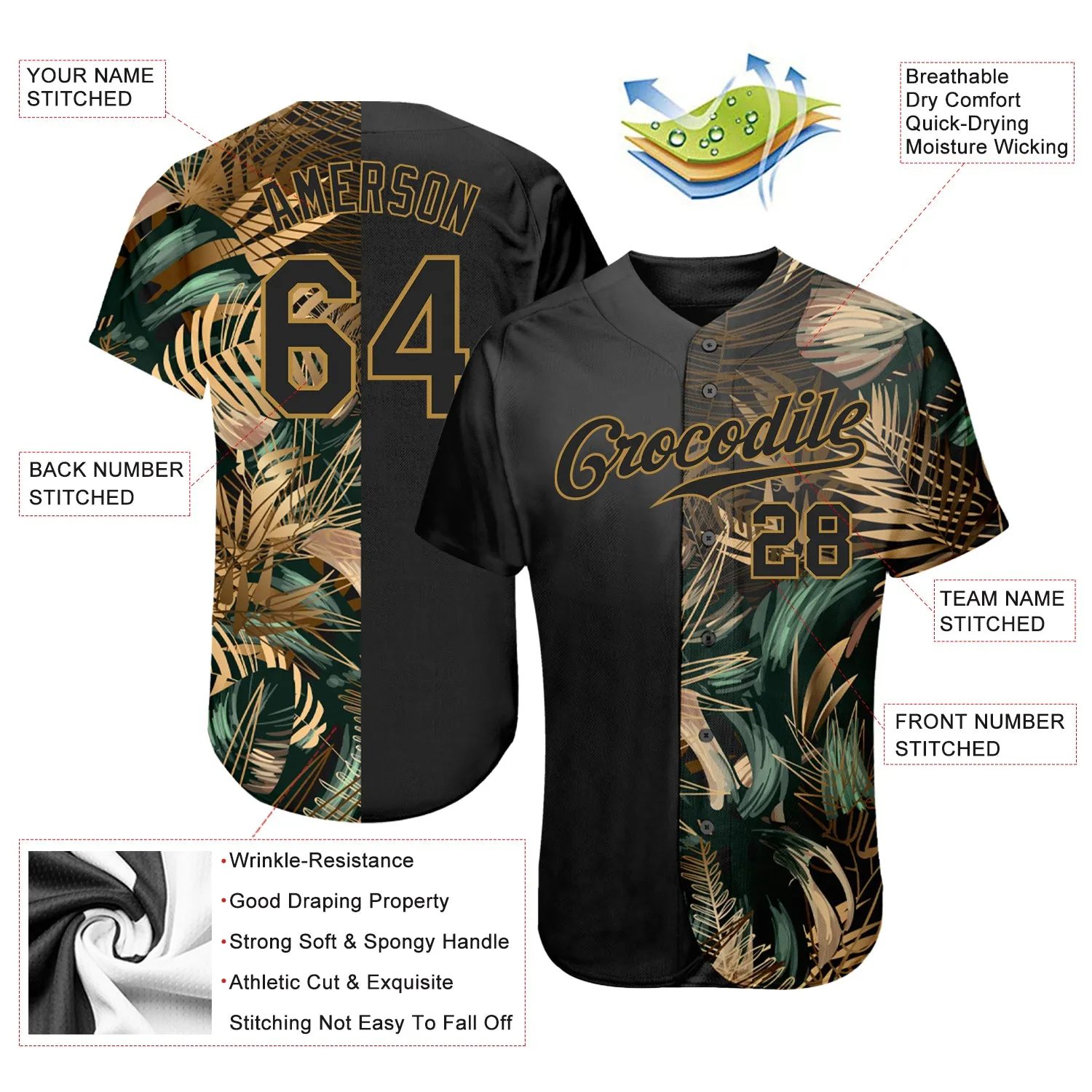 Custom 3D Pattern Design Golden And Green Tropical Leaves In The Style Of Jungle And Hawaii Authentic Baseball Jersey