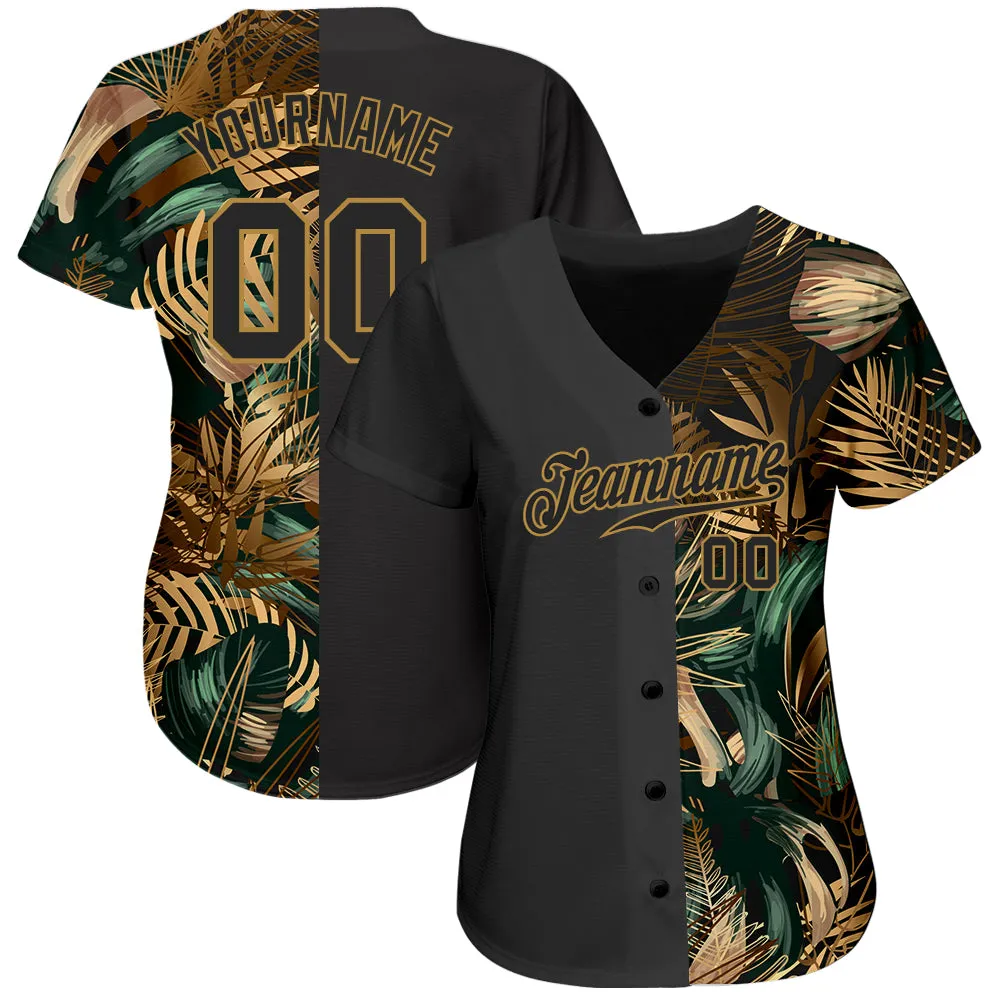 Custom 3D Pattern Design Golden And Green Tropical Leaves In The Style Of Jungle And Hawaii Authentic Baseball Jersey