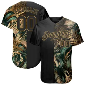 Custom 3D Pattern Design Golden And Green Tropical Leaves In The Style Of Jungle And Hawaii Authentic Baseball Jersey