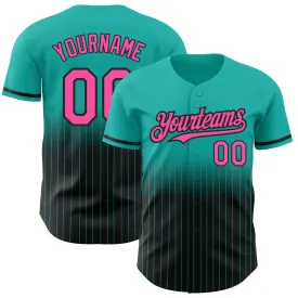 Custom Aqua Pinstripe Pink-Black Authentic Fade Fashion Baseball Jersey