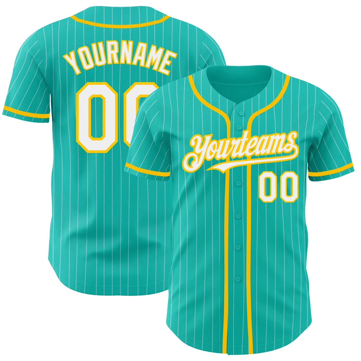 Custom Aqua White Pinstripe White-Yellow Authentic Baseball Jersey