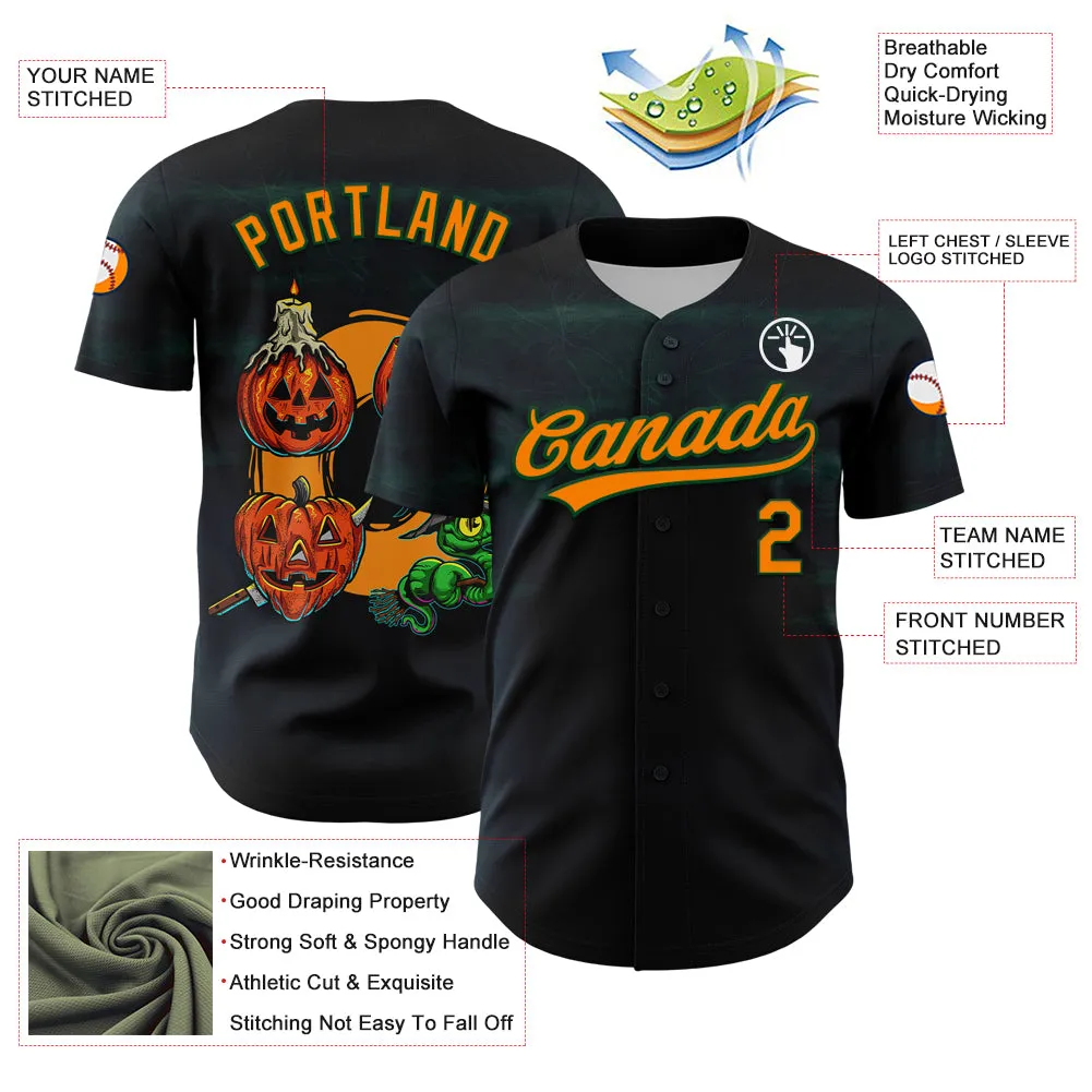 Custom Black Bay Orange-Green 3D Halloween Authentic Baseball Jersey