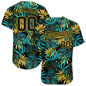 Custom Black Black-Gold 3D Pattern Design Tropical Palm Leaves Authentic Baseball Jersey