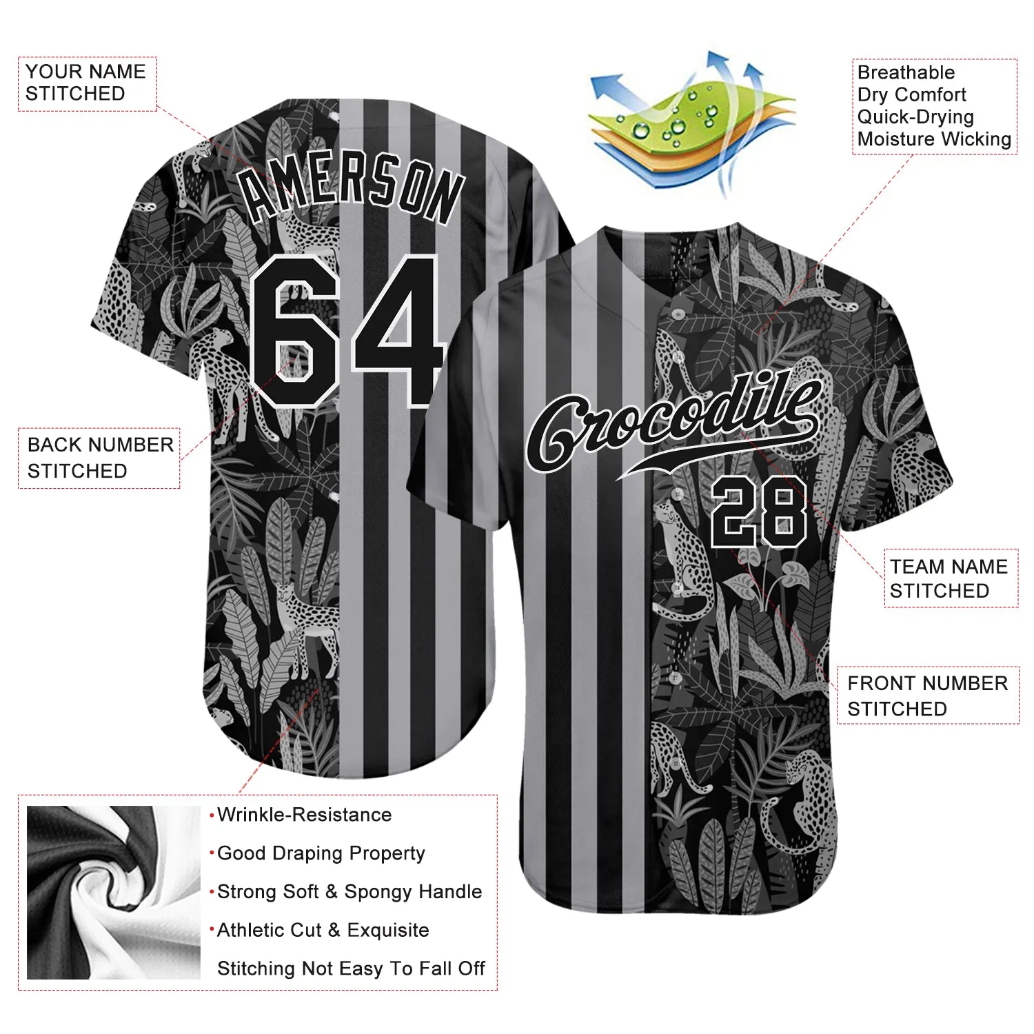 Custom Black Black-Gray 3D Pattern Design Leopards And Tropical Palm Leaves Authentic Baseball Jersey