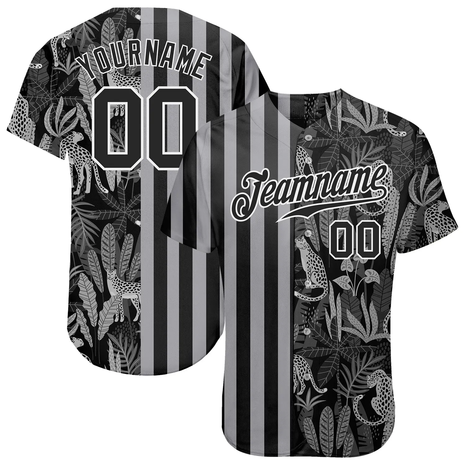 Custom Black Black-Gray 3D Pattern Design Leopards And Tropical Palm Leaves Authentic Baseball Jersey