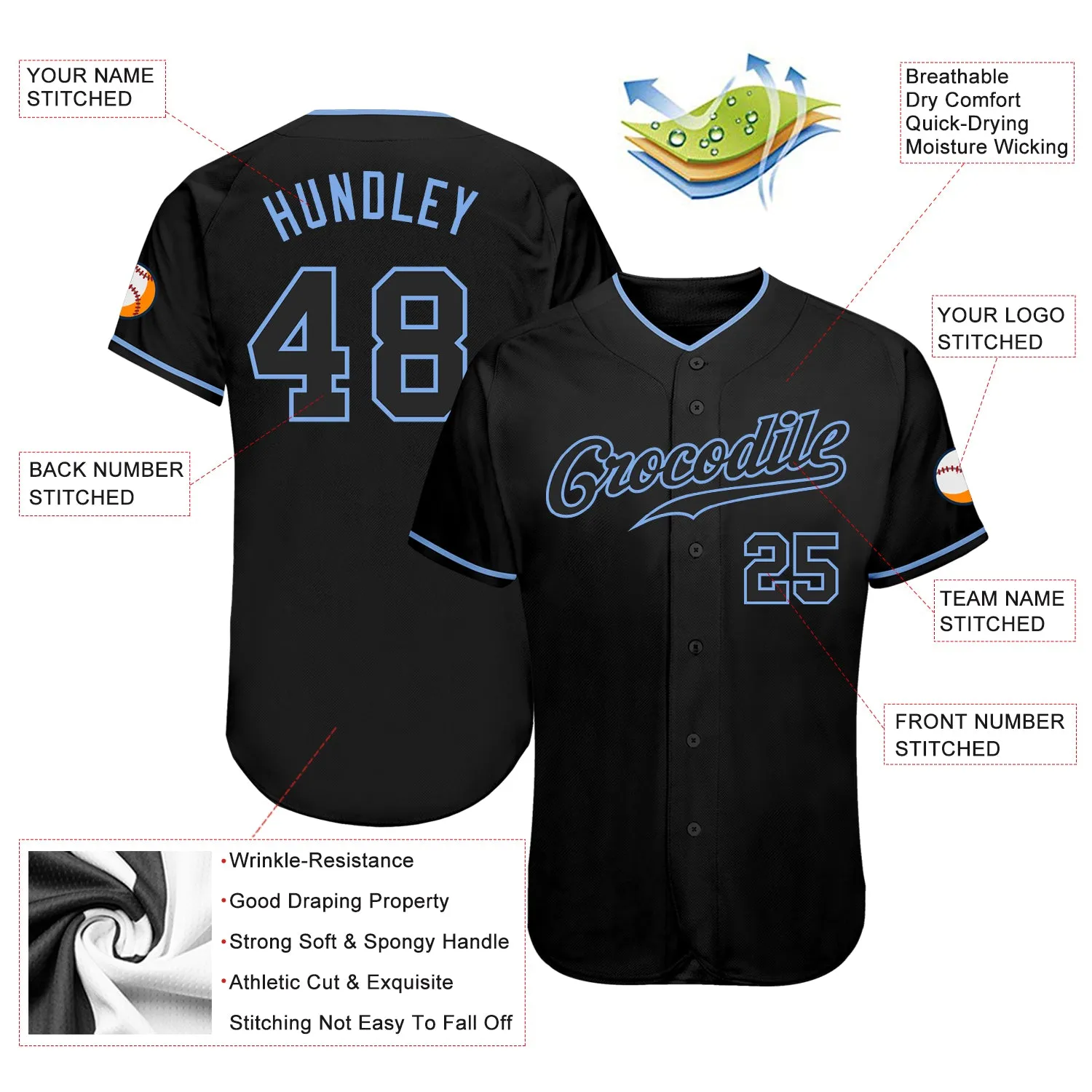 Custom Black Black-Light Blue Authentic Baseball Jersey