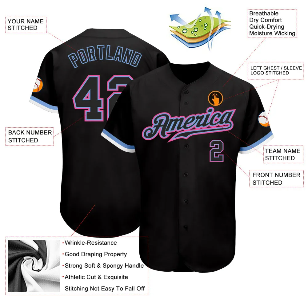 Custom Black Black Light Blue Pink-White Authentic Baseball Jersey