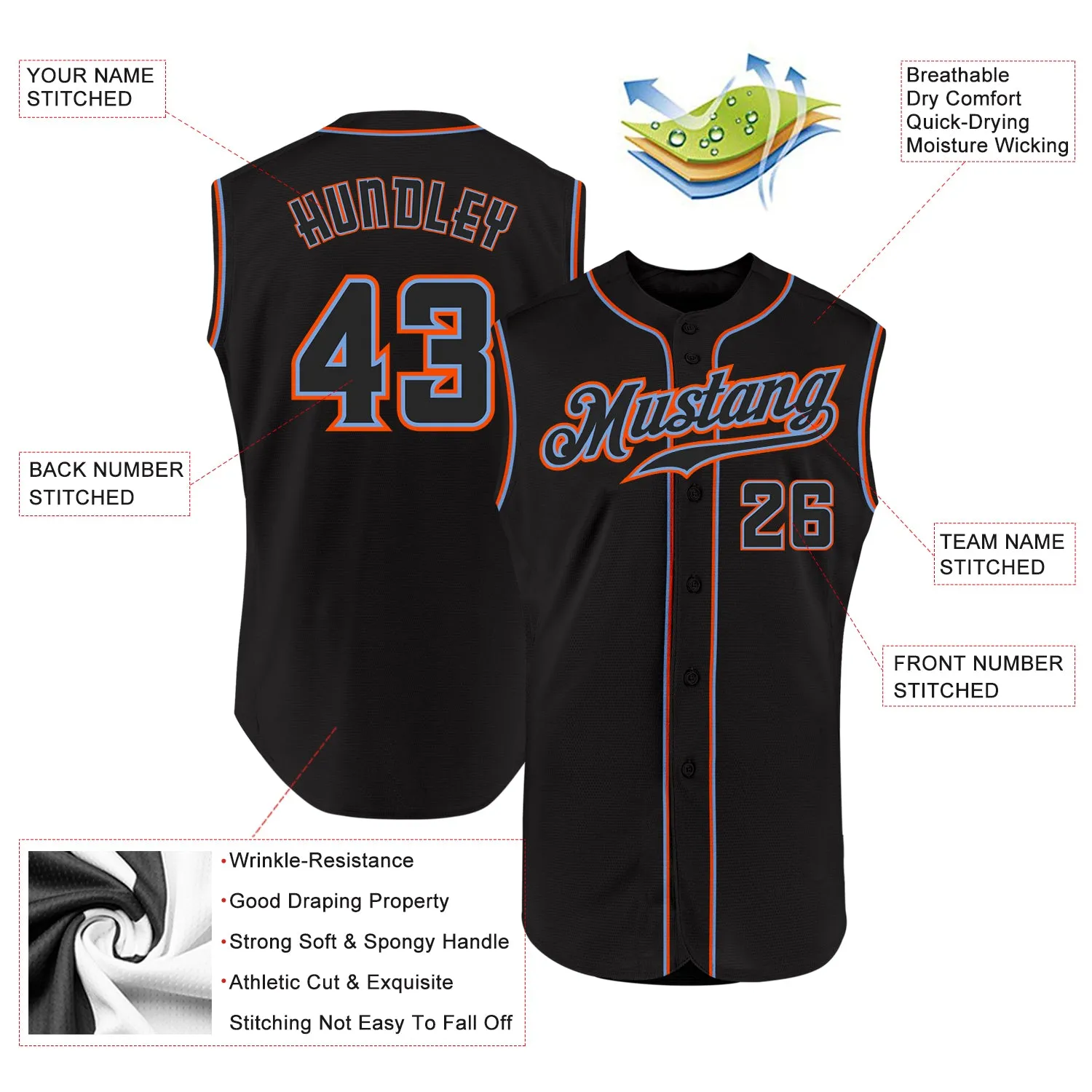 Custom Black Black-Orange Authentic Sleeveless Baseball Jersey