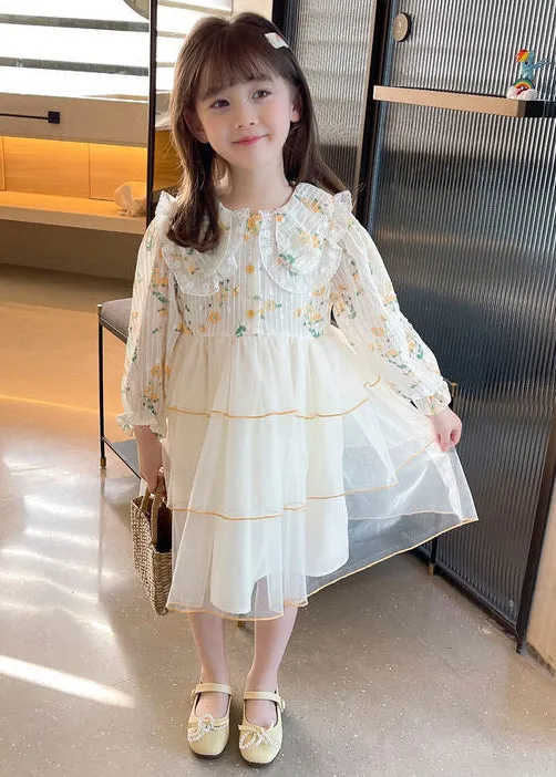 Elegant Apricot Peter Pan Collar Tulle Patchwork Girls Dress Long Sleeve XZ069