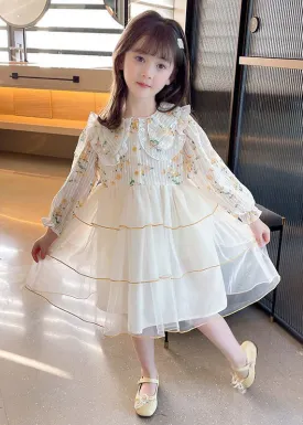 Elegant Apricot Peter Pan Collar Tulle Patchwork Girls Dress Long Sleeve XZ069