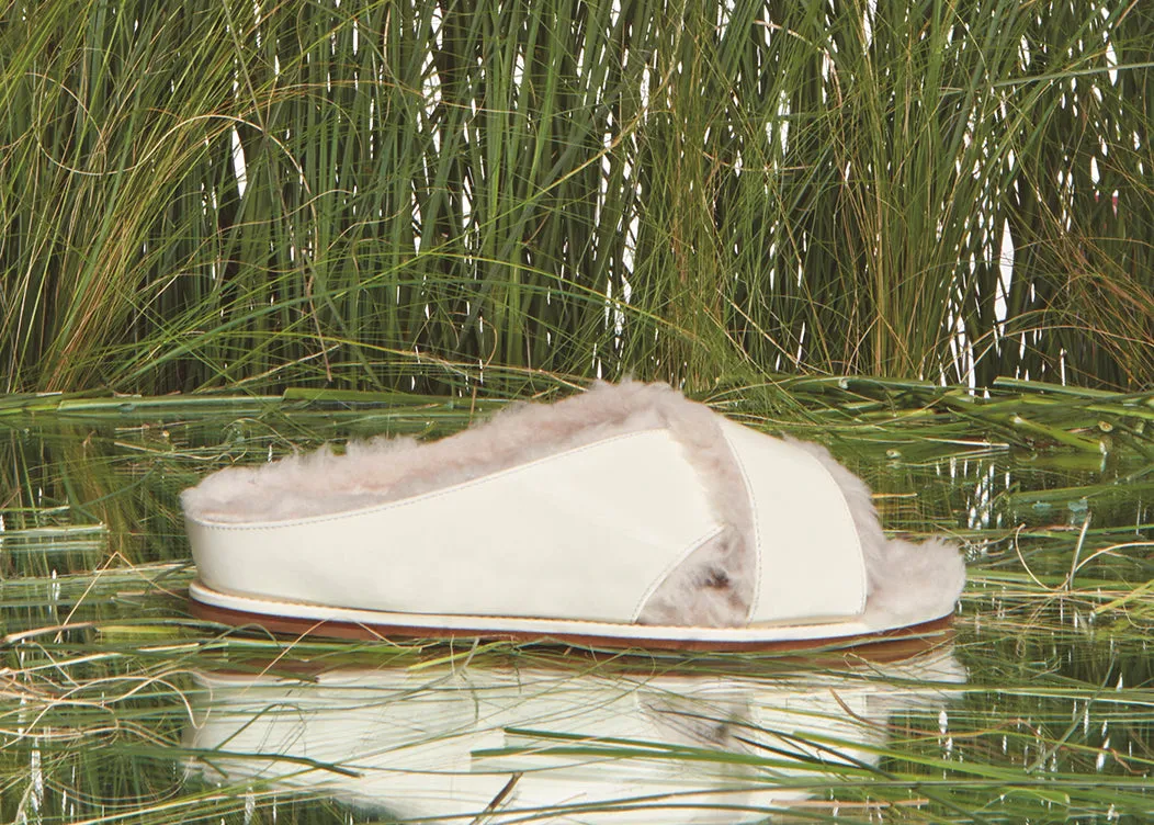 Ellington Flat Slide in Cream Wool Fur