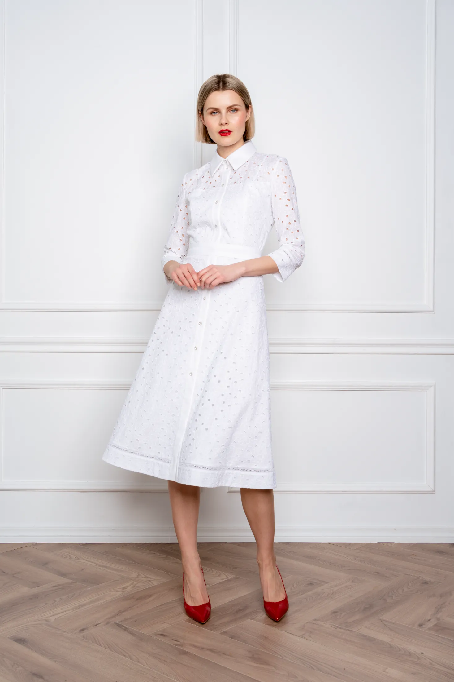 EULOPHIA WHITE FLORAL BRODERIE ANGLAISE COTTON-POPLIN MIDI SHIRT DRESS