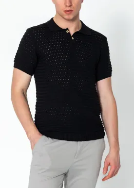 Eyelet Short Sleeve Polo Tee - Black