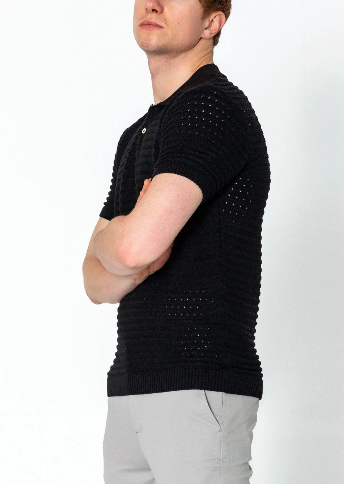 Eyelet Short Sleeve Polo Tee - Black