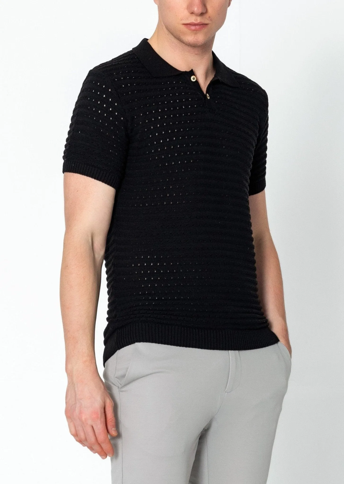 Eyelet Short Sleeve Polo Tee - Black