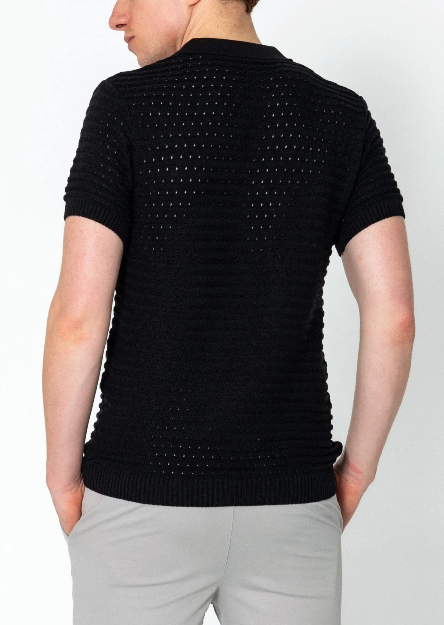 Eyelet Short Sleeve Polo Tee - Black