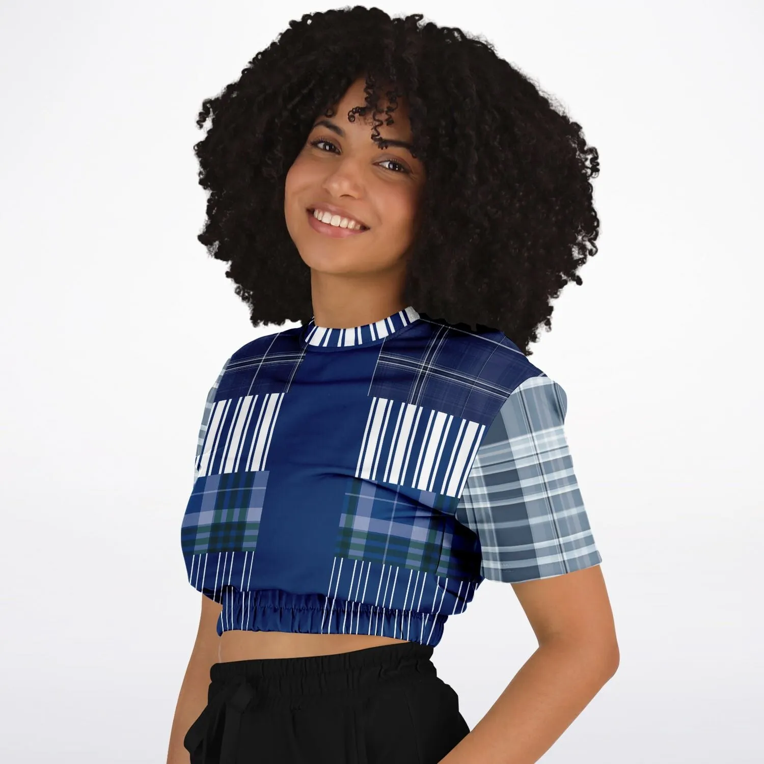 Fair Isle Blue Short Sleeve Cropped Eco-Poly Sweater