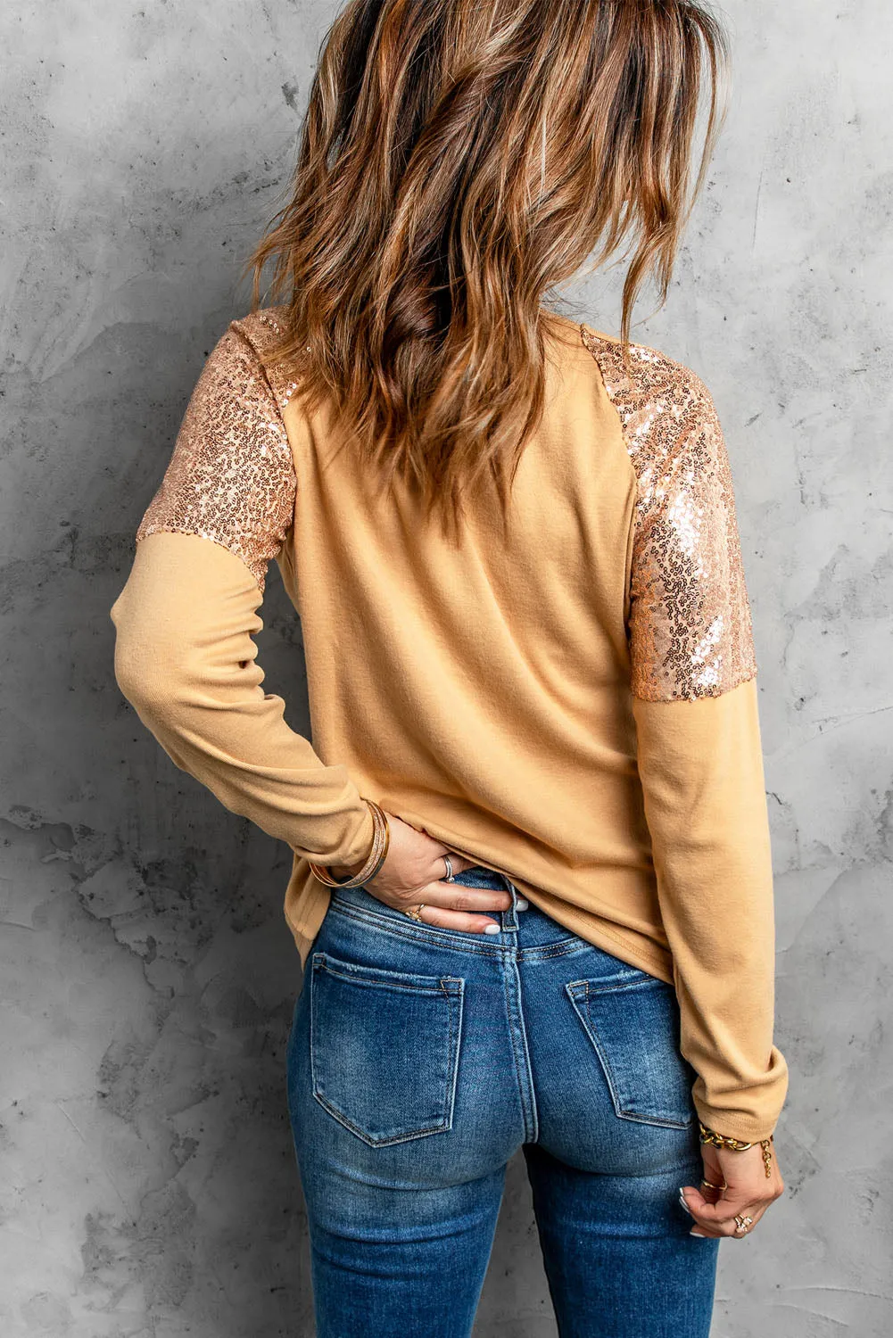 Fashion Apricot Sequin Shoulder Long Sleeve Top