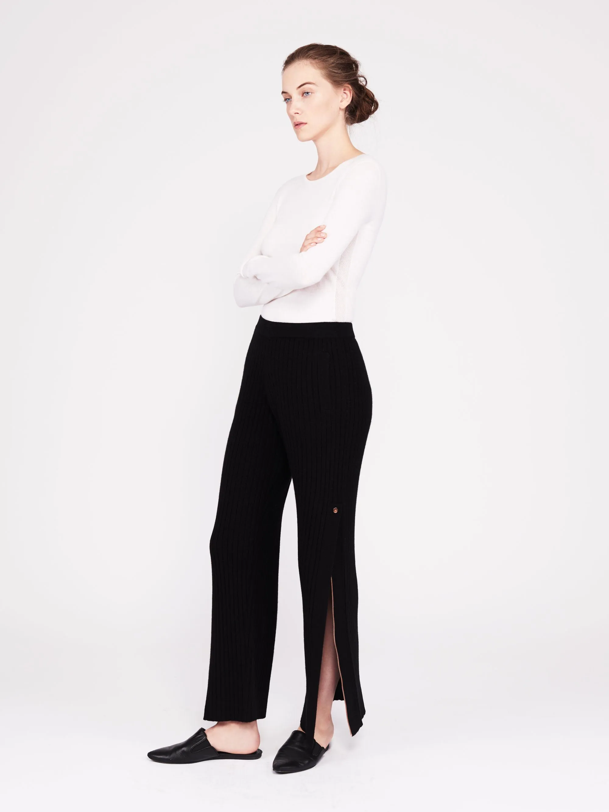 Get Set Ribbed Cashmere Wide-Leg Track Pants - Black