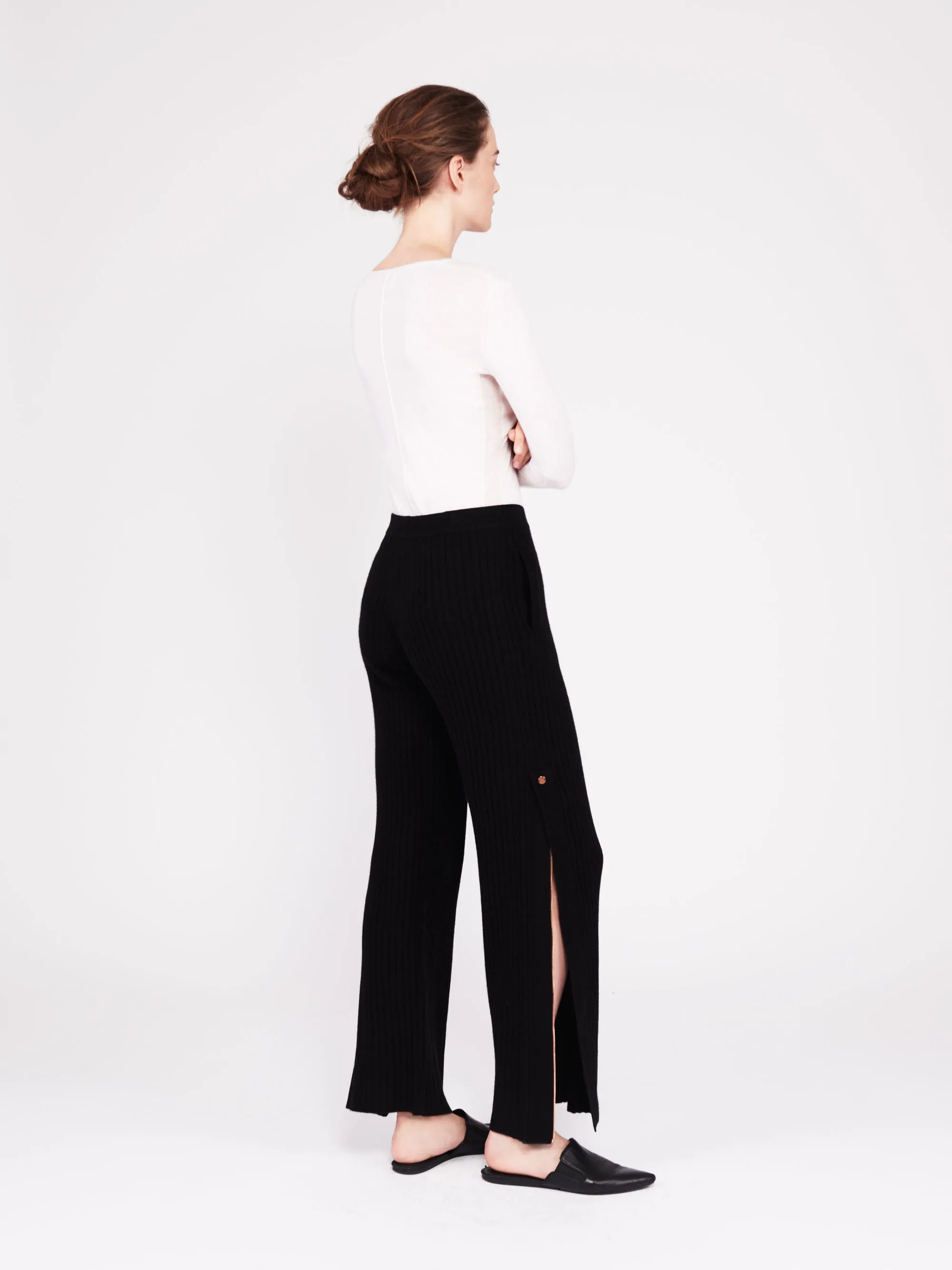 Get Set Ribbed Cashmere Wide-Leg Track Pants - Black