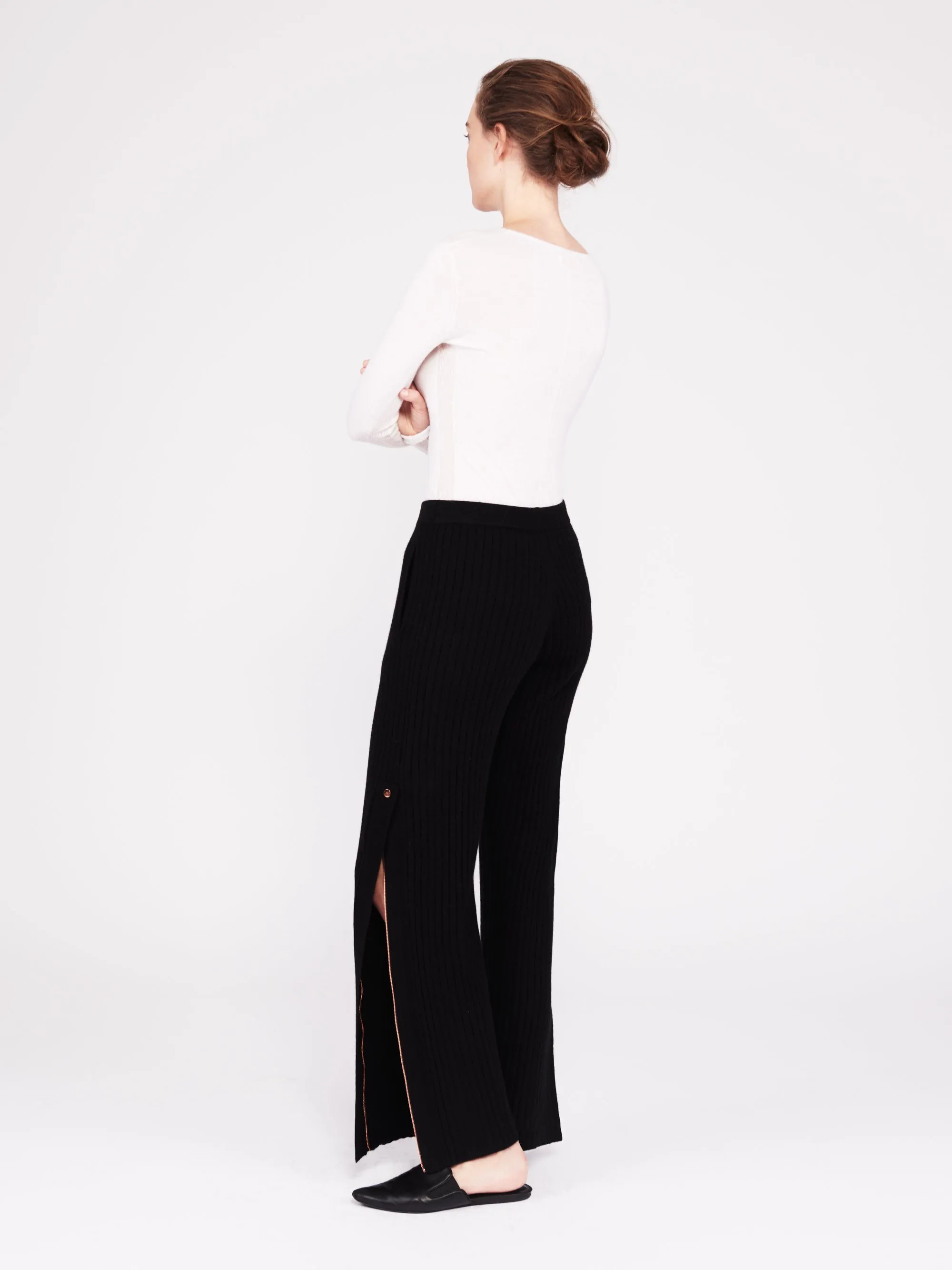 Get Set Ribbed Cashmere Wide-Leg Track Pants - Black