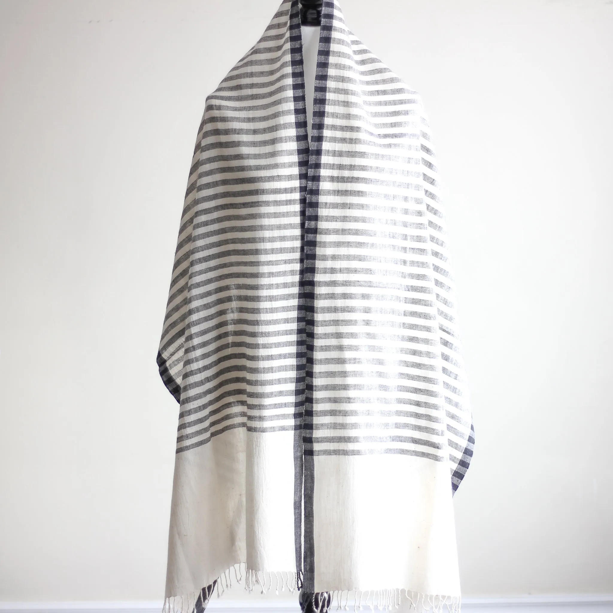 Handwoven Organic Cotton Wrap with Tassels - Genetically Pure Organic Kala Cotton Scarf | Cream-Gray Stripes, 23x84"