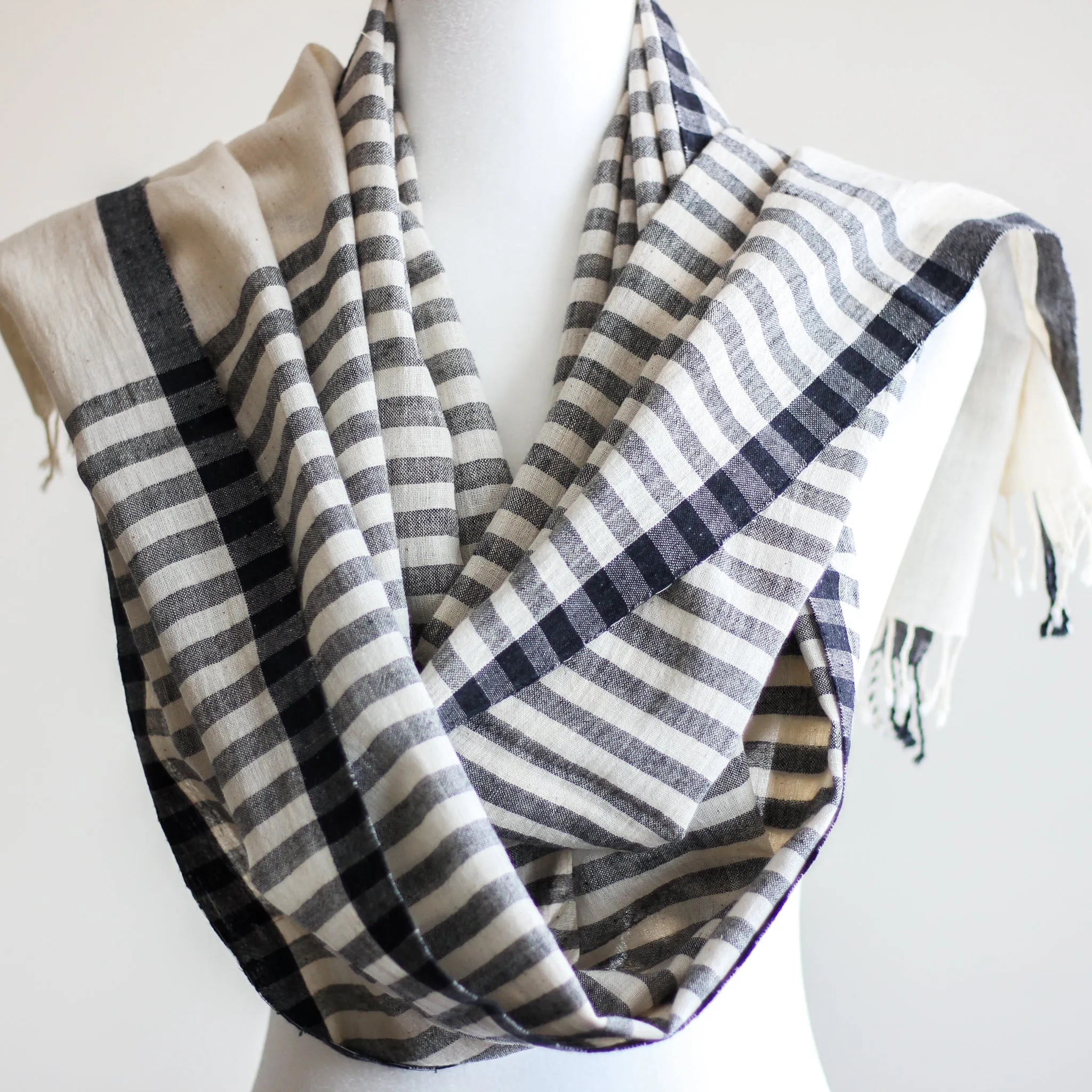 Handwoven Organic Cotton Wrap with Tassels - Genetically Pure Organic Kala Cotton Scarf | Cream-Gray Stripes, 23x84"