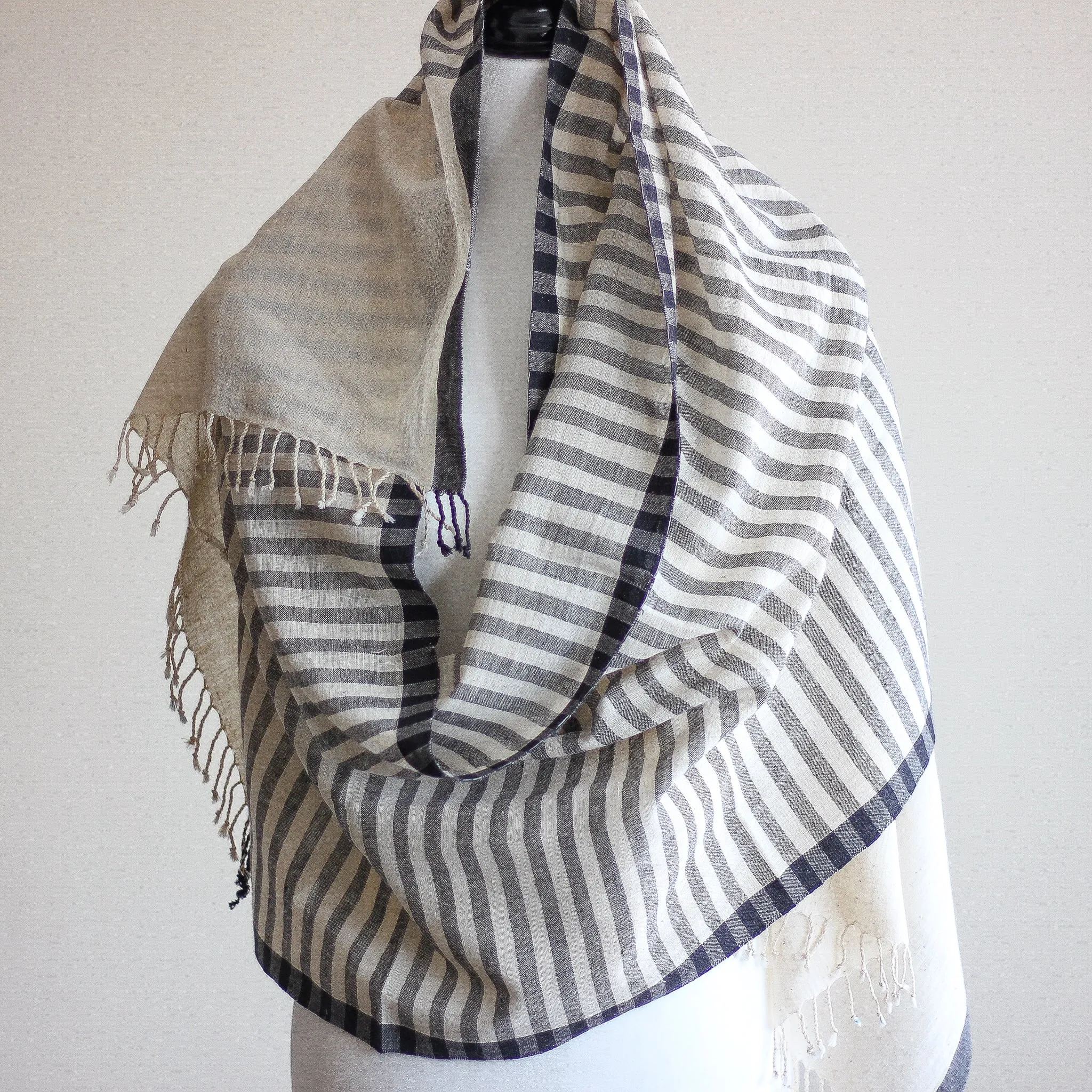 Handwoven Organic Cotton Wrap with Tassels - Genetically Pure Organic Kala Cotton Scarf | Cream-Gray Stripes, 23x84"