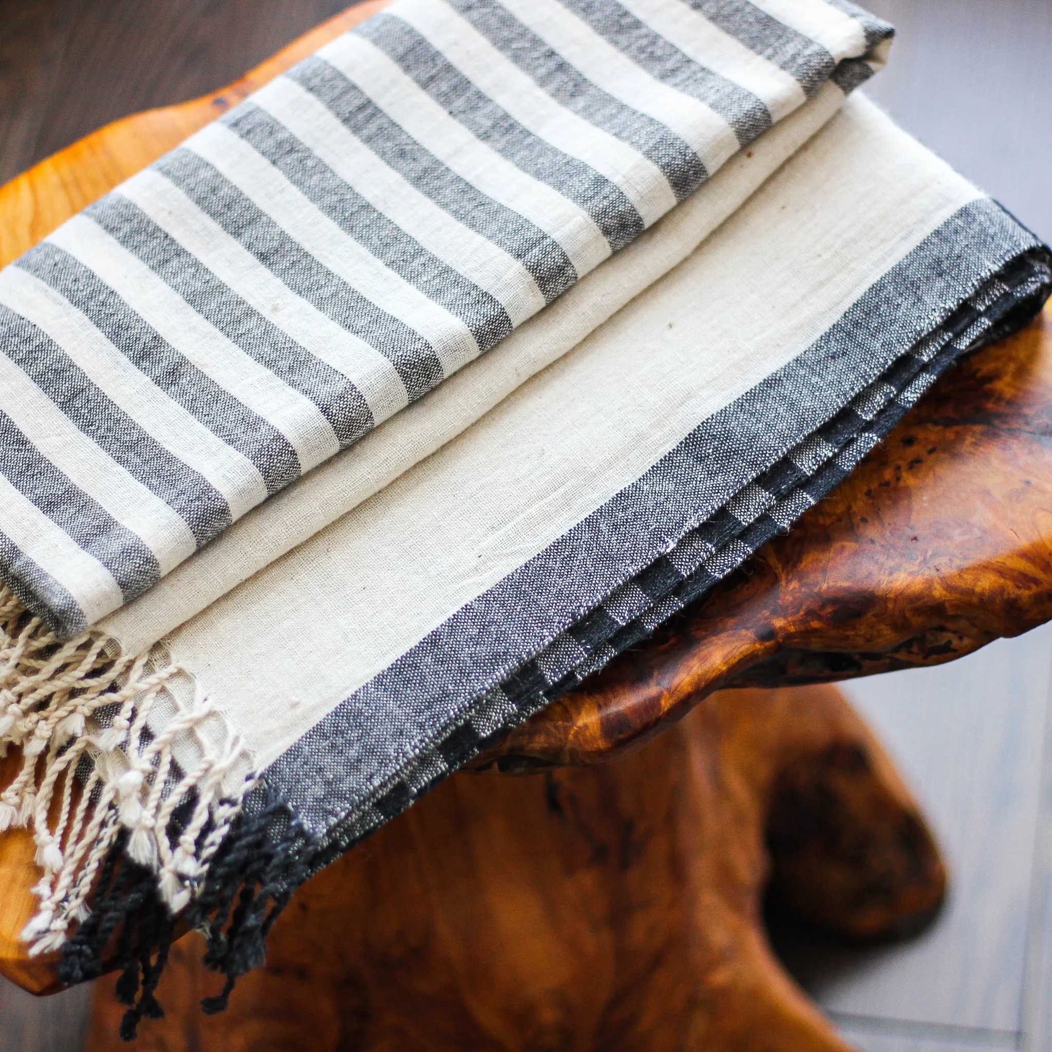 Handwoven Organic Cotton Wrap with Tassels - Genetically Pure Organic Kala Cotton Scarf | Cream-Gray Stripes, 23x84"