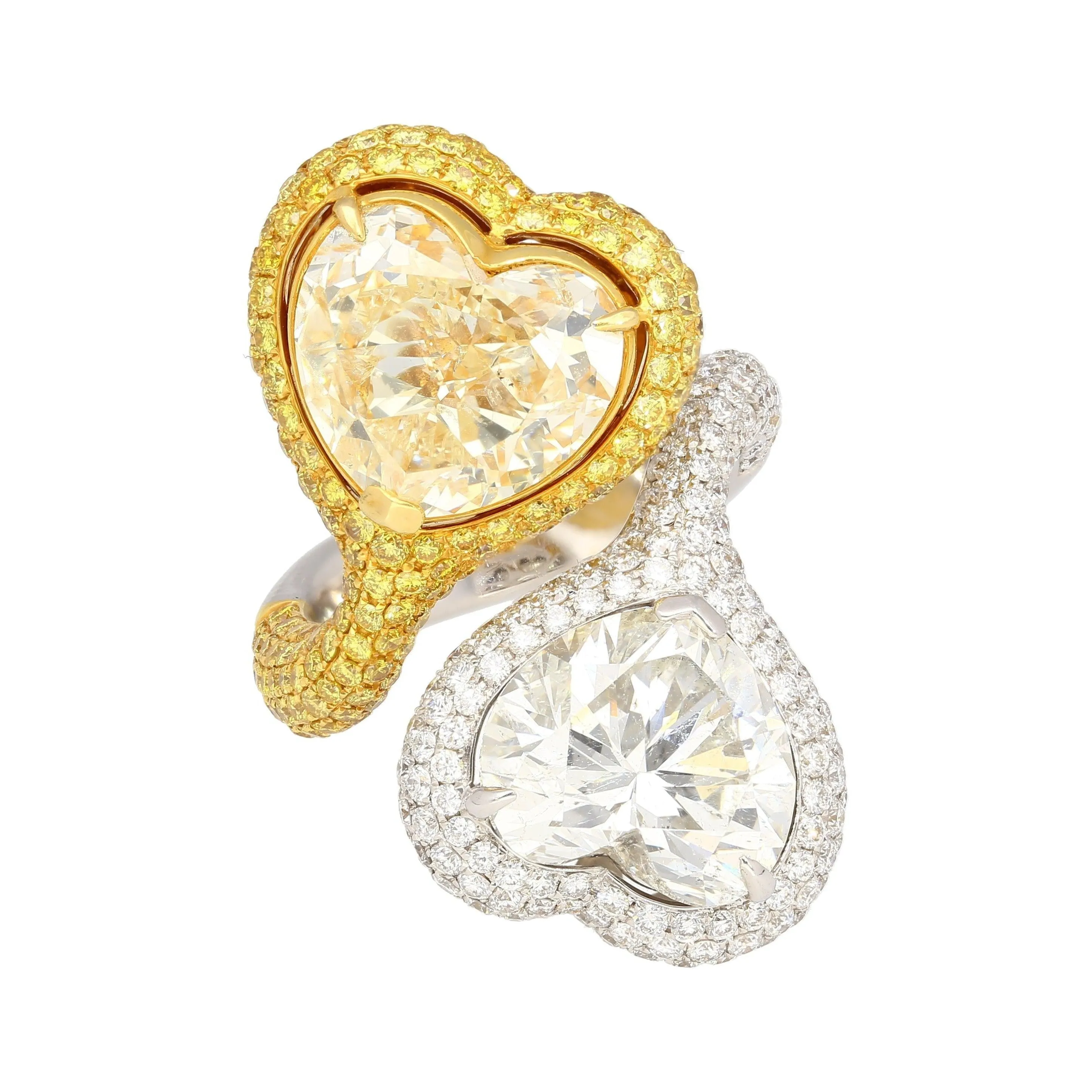 Heart Cut 5.79 & 5.73 Carat Fancy Yellow & White Diamond Toi Et Moi 18K Gold Ring