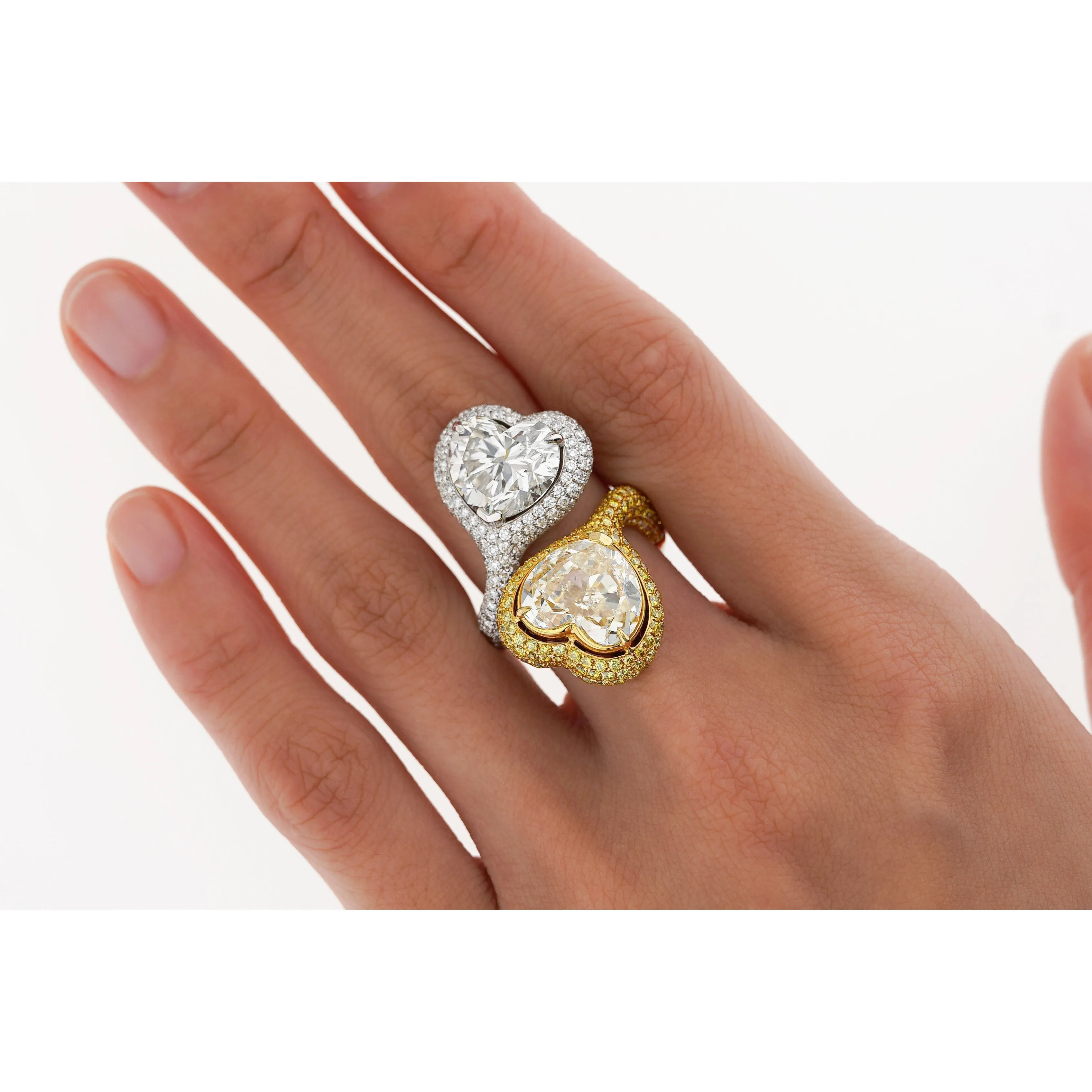 Heart Cut 5.79 & 5.73 Carat Fancy Yellow & White Diamond Toi Et Moi 18K Gold Ring