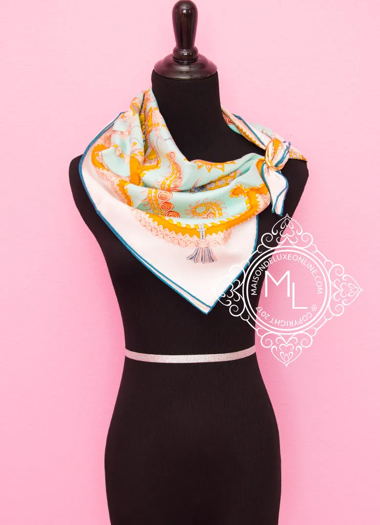 Hermes Aqua Gold Twill Silk 90 cm Paperoles Scarf