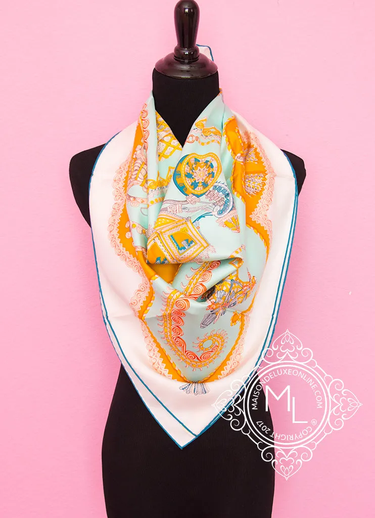 Hermes Aqua Gold Twill Silk 90 cm Paperoles Scarf