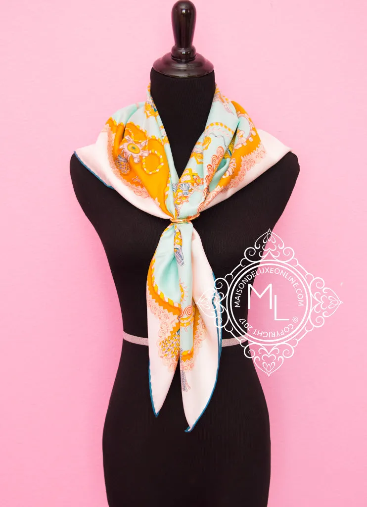 Hermes Aqua Gold Twill Silk 90 cm Paperoles Scarf