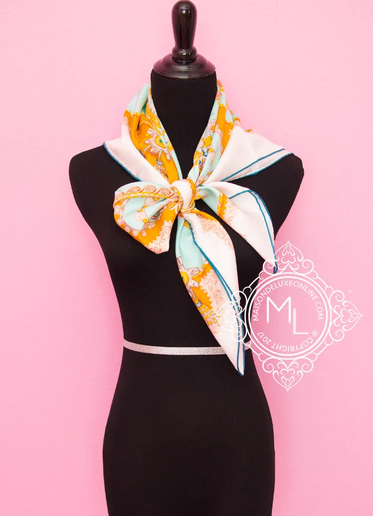 Hermes Aqua Gold Twill Silk 90 cm Paperoles Scarf