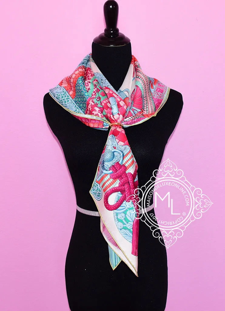 Hermes Aqua Pink Twill Silk 90 cm Parures De Samourais Scarf