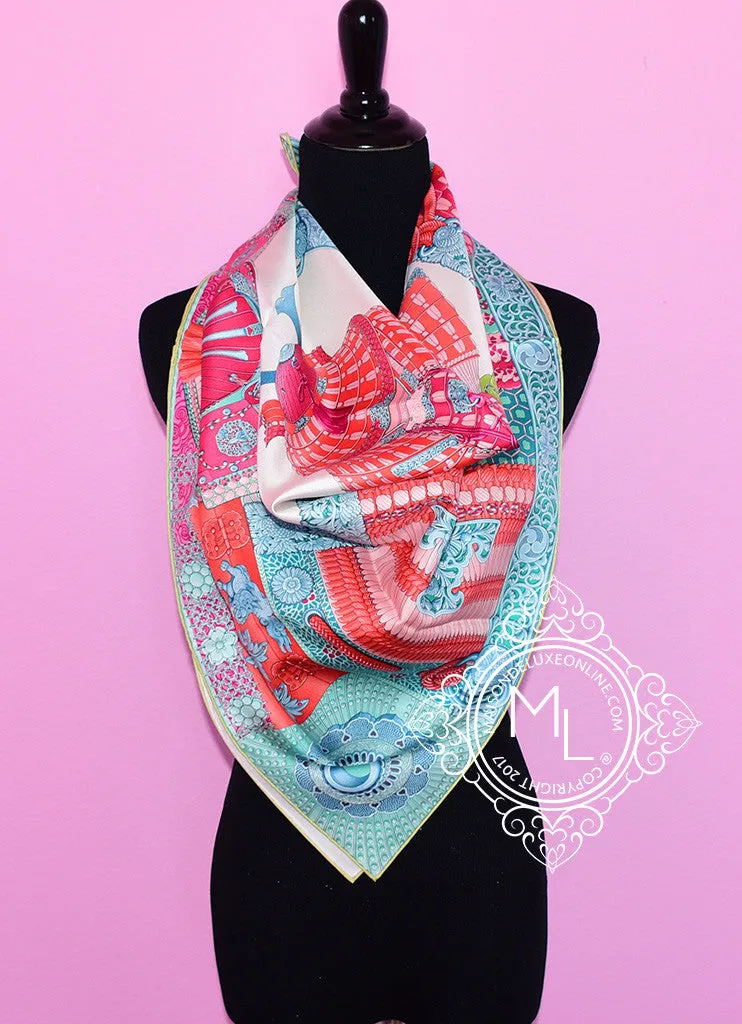 Hermes Aqua Pink Twill Silk 90 cm Parures De Samourais Scarf