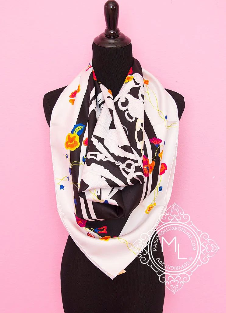 Hermes Black Twill Silk 90 cm Brides Fleuries Scarf